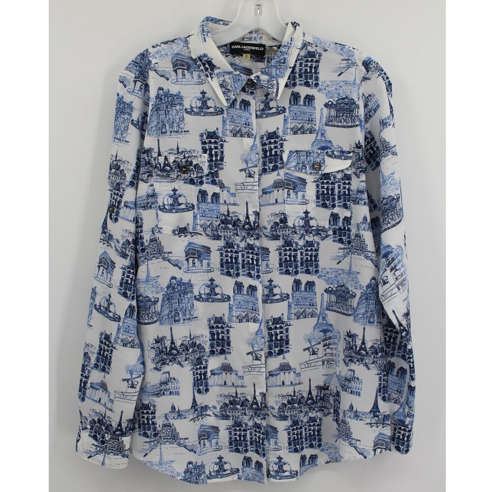 Karl Lagerfeld Novelty Paris Scenes Button Up Shirt Women Blue/White Medium